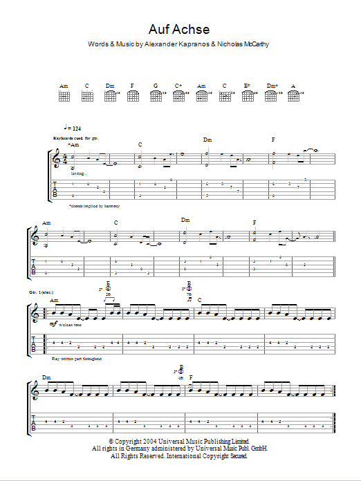 Franz Ferdinand Auf Achse Sheet Music Notes & Chords for Lyrics & Chords - Download or Print PDF