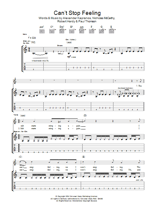 Franz Ferdinand Can't Stop Feeling Sheet Music Notes & Chords for Guitar Tab - Download or Print PDF