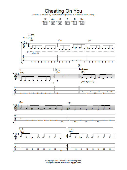 Franz Ferdinand Cheating On You Sheet Music Notes & Chords for Guitar Tab - Download or Print PDF