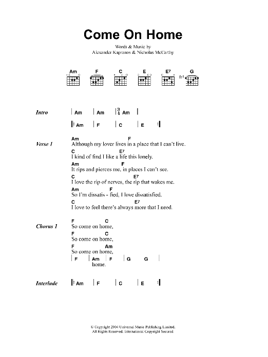 Franz Ferdinand Come On Home Sheet Music Notes & Chords for Guitar Tab - Download or Print PDF