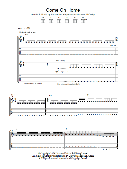 Franz Ferdinand Come On Home Sheet Music Notes & Chords for Guitar Tab - Download or Print PDF