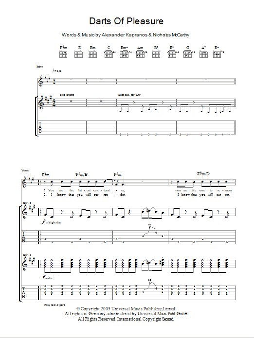 Franz Ferdinand Darts Of Pleasure Sheet Music Notes & Chords for Lyrics & Chords - Download or Print PDF