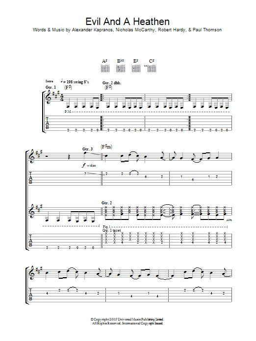 Franz Ferdinand Evil And A Heathen Sheet Music Notes & Chords for Guitar Tab - Download or Print PDF