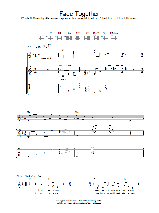 Franz Ferdinand Fade Together Sheet Music Notes & Chords for Guitar Tab - Download or Print PDF