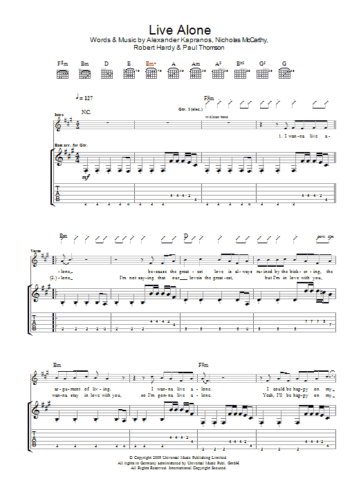 Franz Ferdinand Live Alone Sheet Music Notes & Chords for Guitar Tab - Download or Print PDF