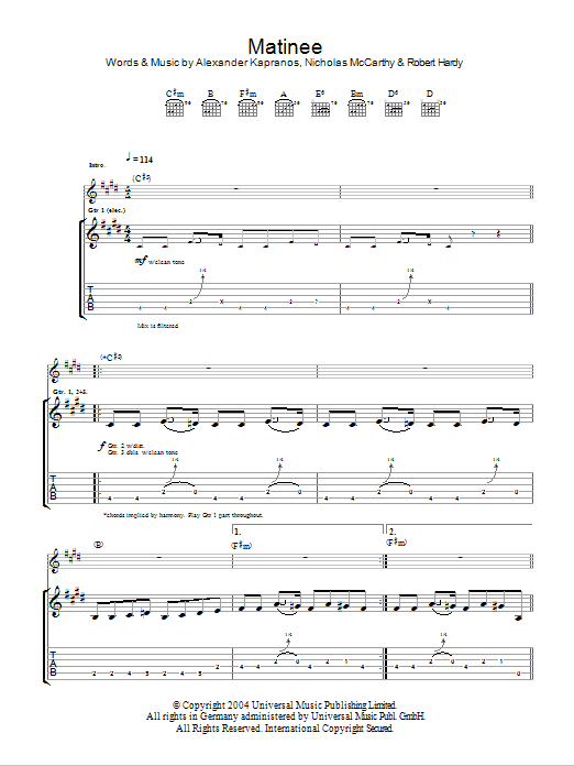 Franz Ferdinand Matinee Sheet Music Notes & Chords for Guitar Tab - Download or Print PDF