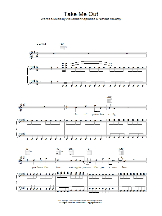 Franz Ferdinand Take Me Out Sheet Music Notes & Chords for Easy Guitar Tab - Download or Print PDF