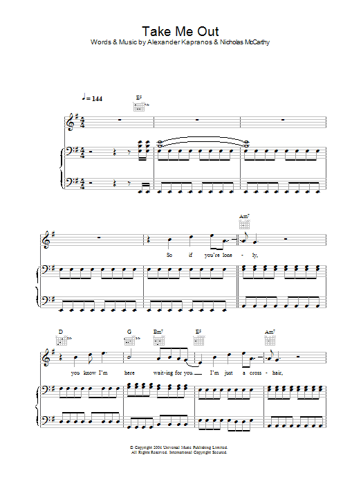 Franz Ferdinand Take Me Out Sheet Music Notes & Chords for Lyrics & Chords - Download or Print PDF