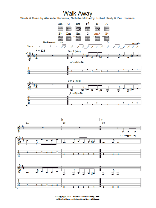 Franz Ferdinand Walk Away Sheet Music Notes & Chords for Piano, Vocal & Guitar - Download or Print PDF