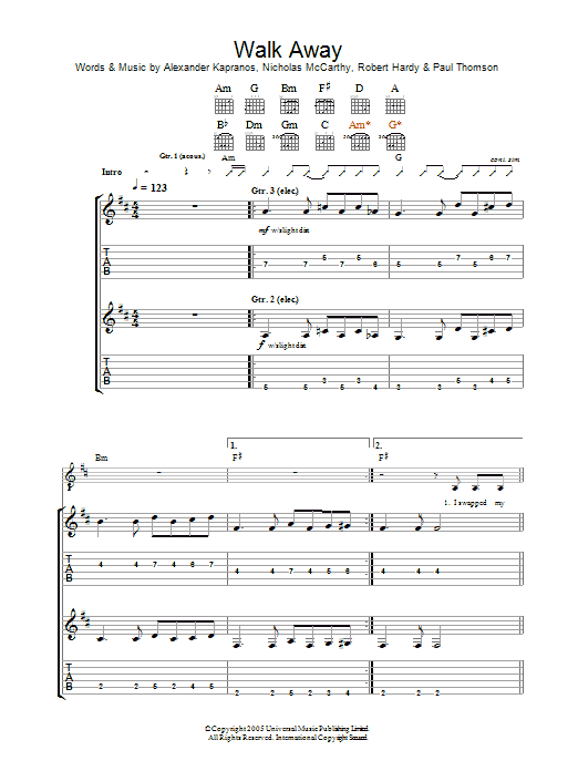 Franz Ferdinand Walk Away Sheet Music Notes & Chords for Guitar Tab - Download or Print PDF