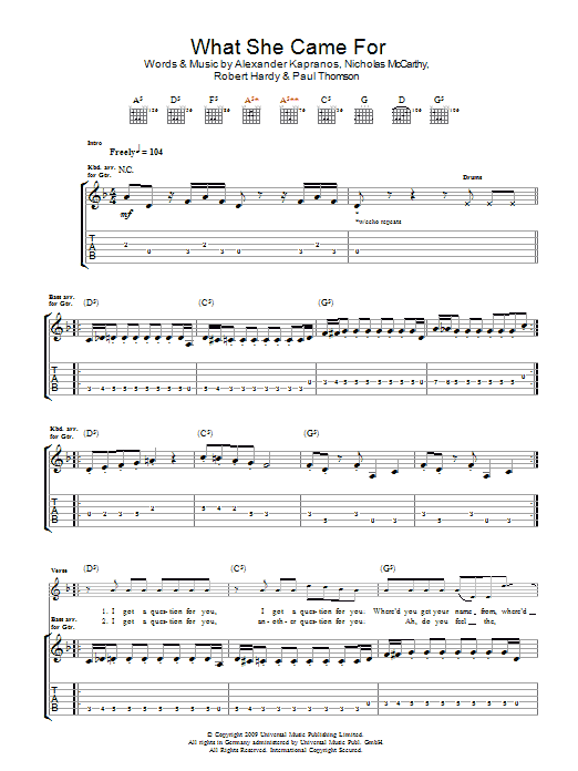 Franz Ferdinand What She Came For Sheet Music Notes & Chords for Guitar Tab - Download or Print PDF