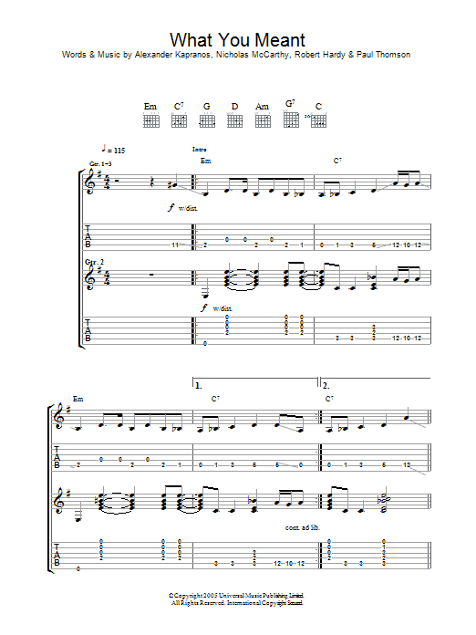Franz Ferdinand What You Meant Sheet Music Notes & Chords for Lyrics & Chords - Download or Print PDF