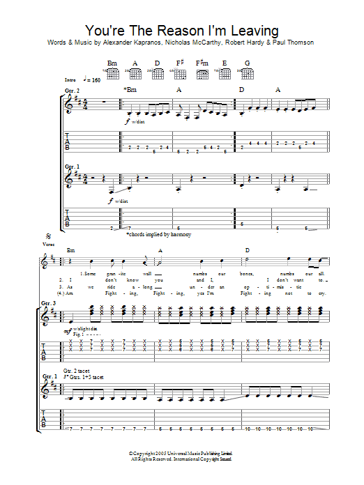 Franz Ferdinand You're The Reason I'm Leaving Sheet Music Notes & Chords for Lyrics & Chords - Download or Print PDF