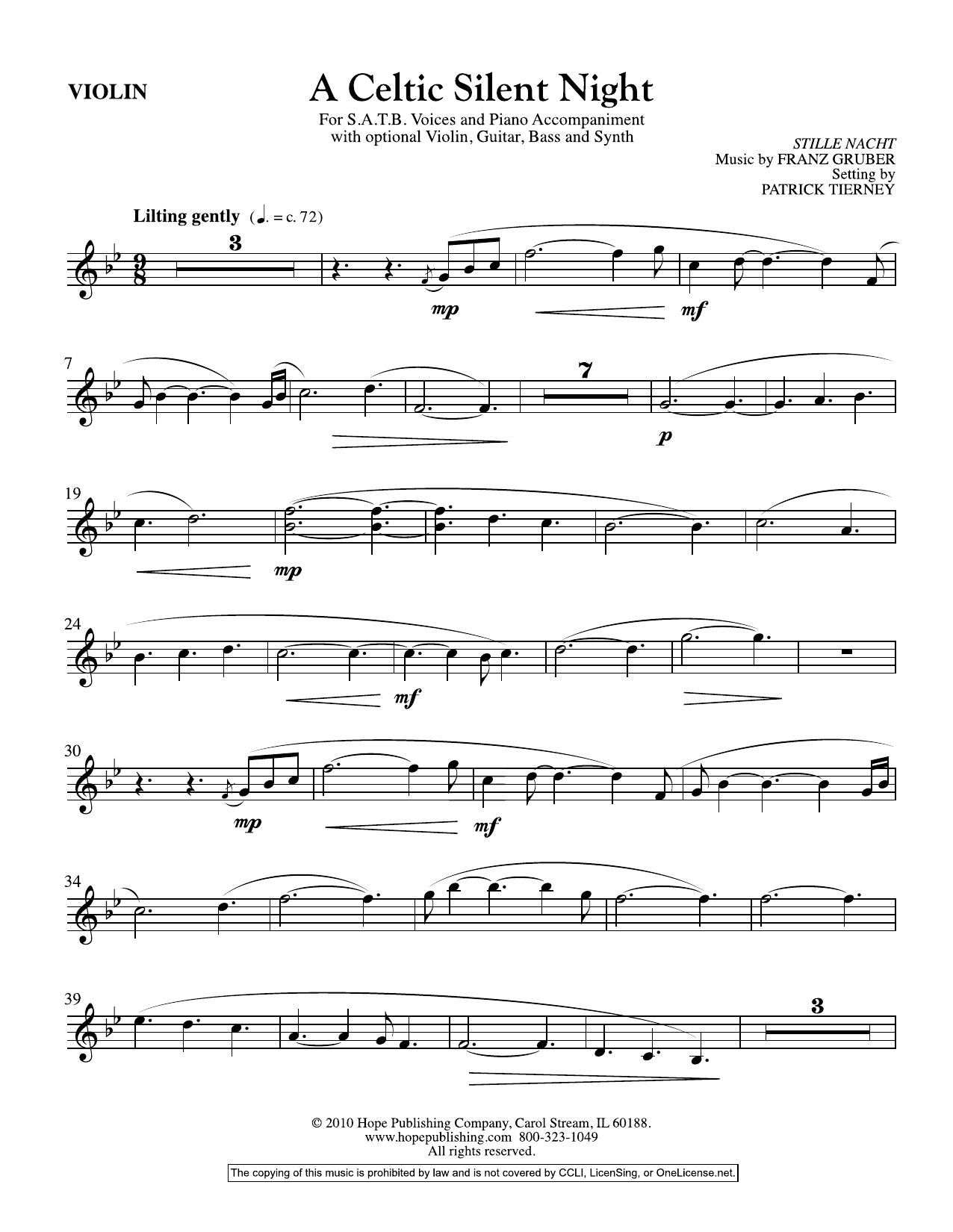 Franz Gruber A Celtic Silent Night - Violin Sheet Music Notes & Chords for Choir Instrumental Pak - Download or Print PDF
