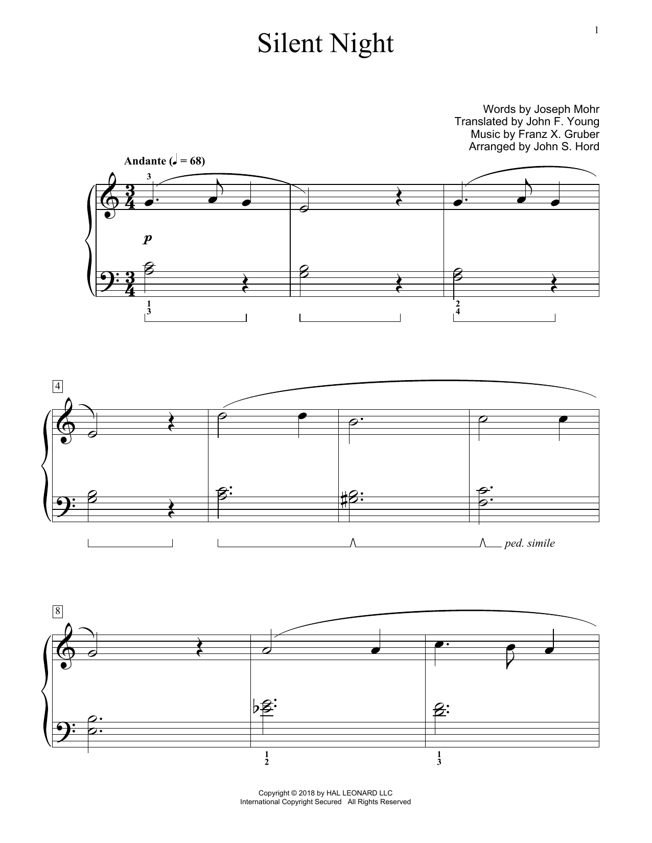 Franz Gruber Silent Night (arr. John S. Hord) Sheet Music Notes & Chords for Educational Piano - Download or Print PDF