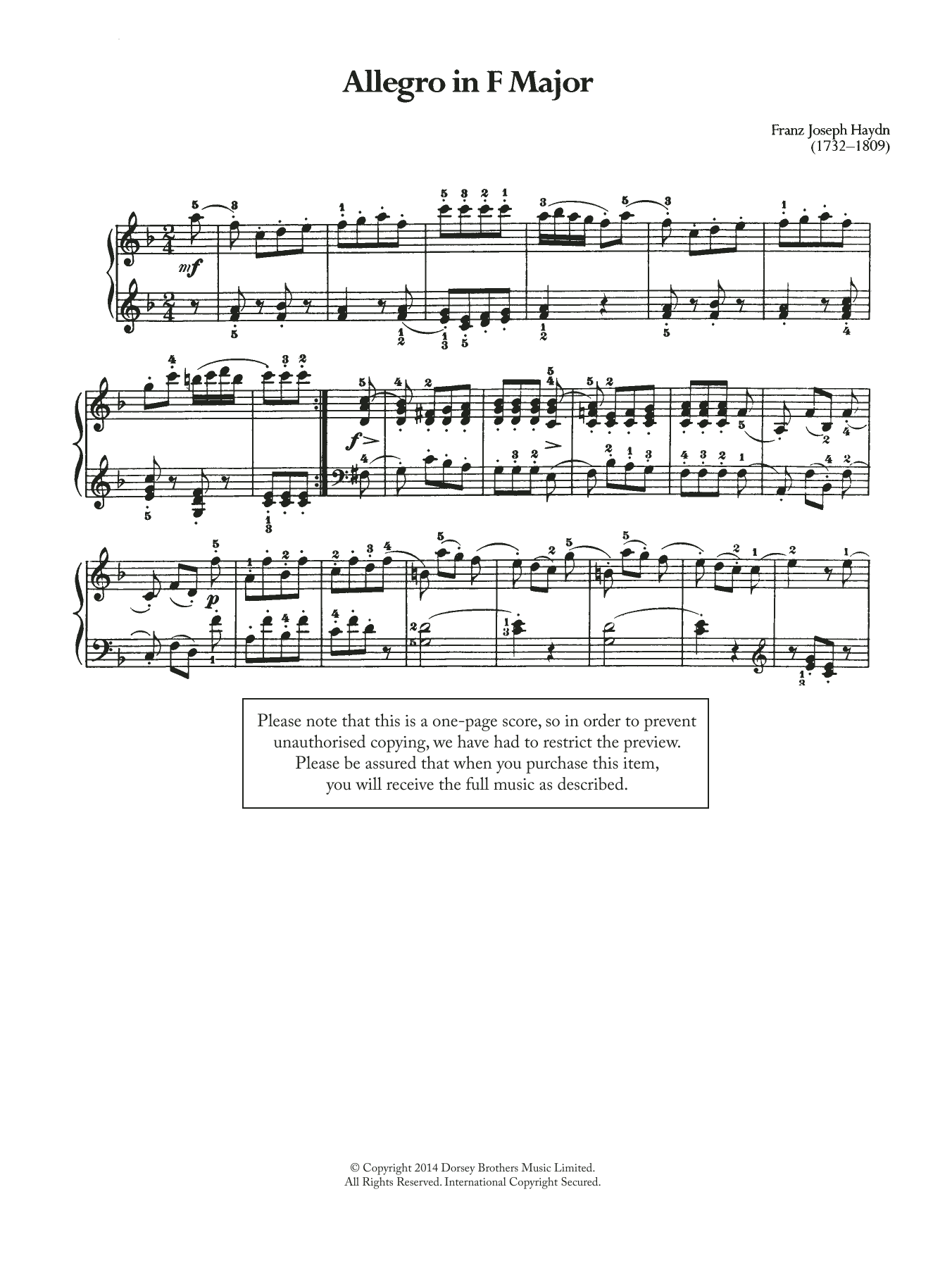 Franz Joseph Haydn Allegro Sheet Music Notes & Chords for Piano - Download or Print PDF