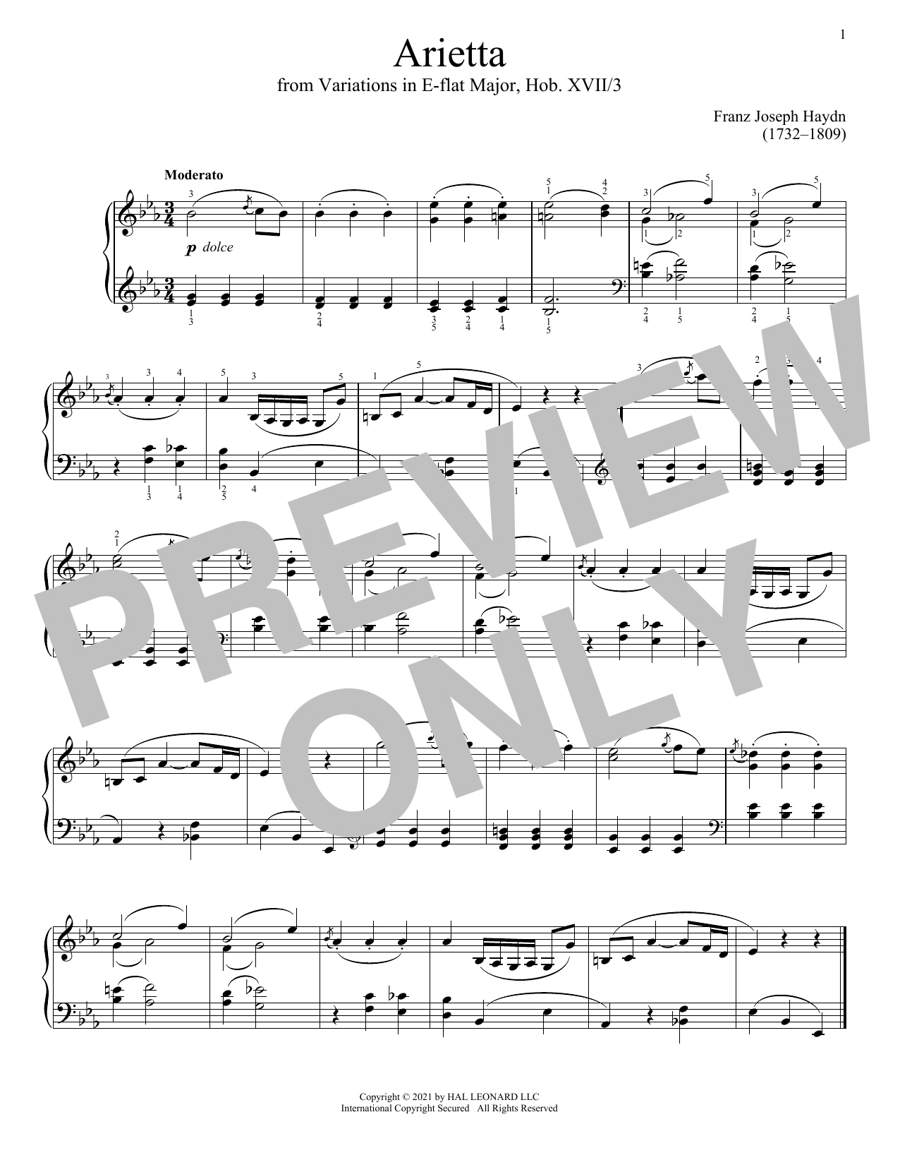 Franz Joseph Haydn Arietta Sheet Music Notes & Chords for Piano Solo - Download or Print PDF