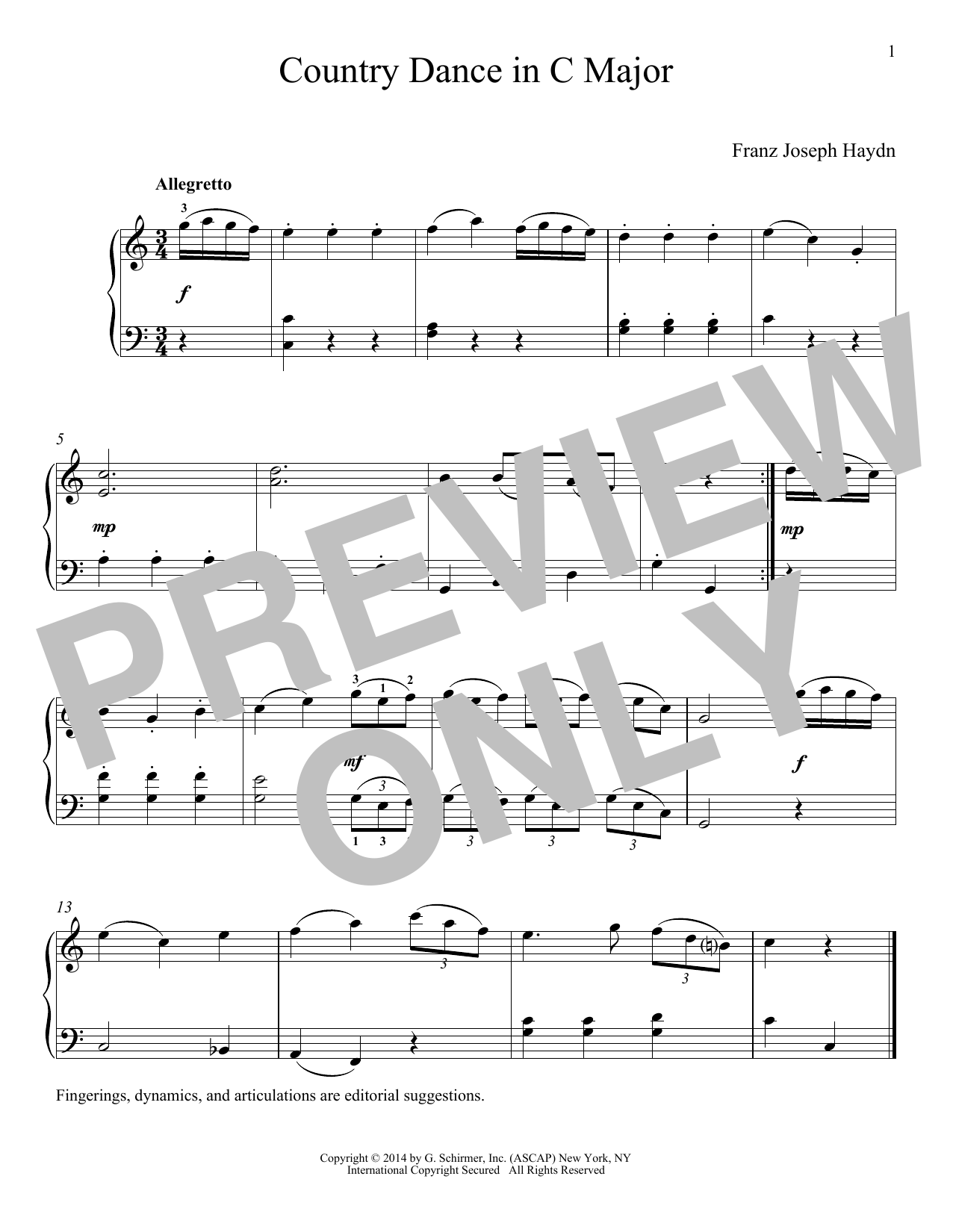 Franz Joseph Haydn Country Dance In C Major Sheet Music Notes & Chords for Piano - Download or Print PDF