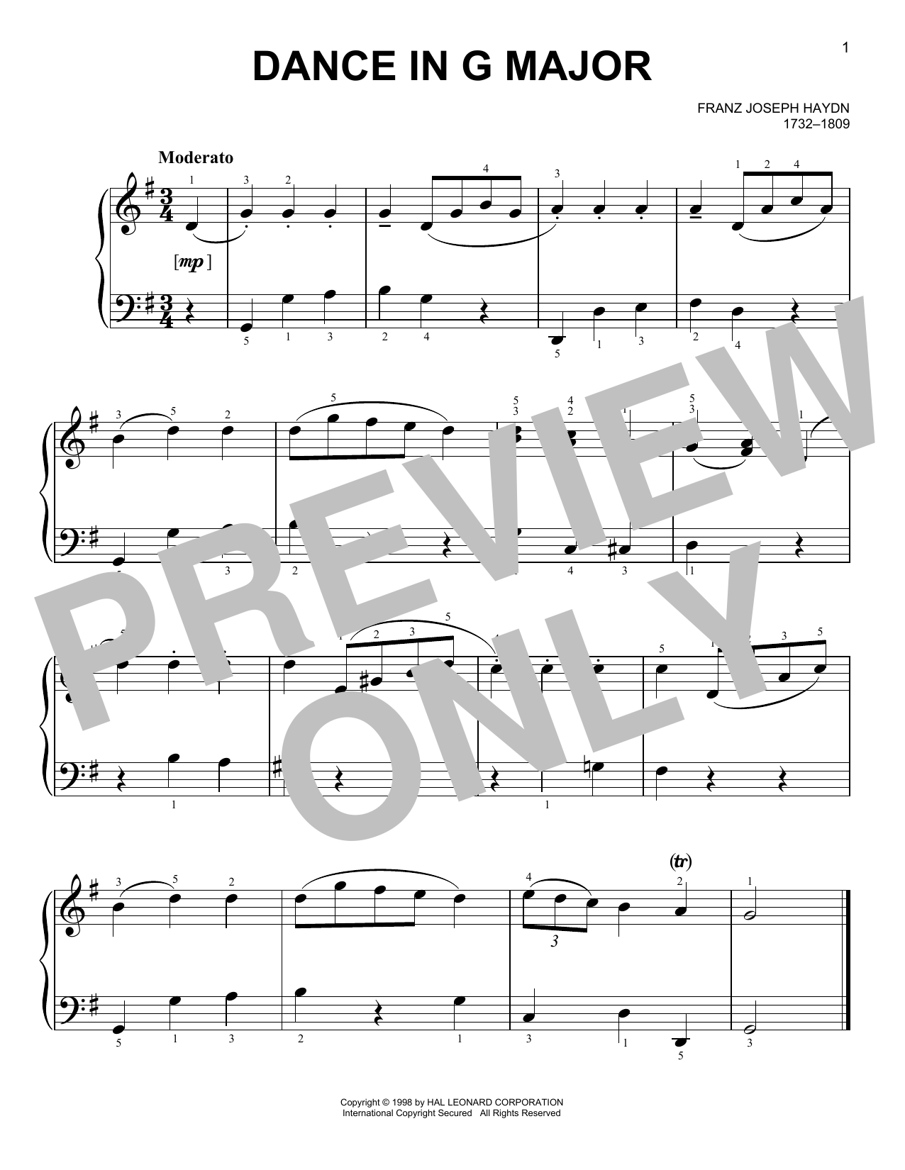 Joseph Haydn Dance In G Major Sheet Music Notes & Chords for Easy Piano - Download or Print PDF