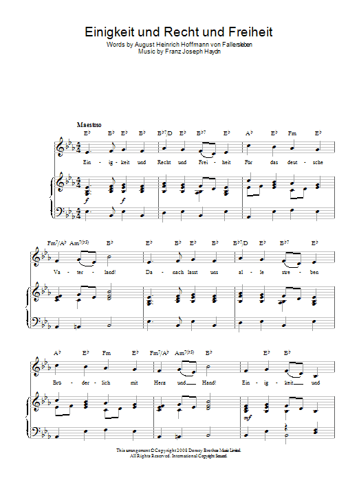 Franz Joseph Haydn Einigkeit Und Recht Und Freiheit (German National Anthem) Sheet Music Notes & Chords for Piano, Vocal & Guitar (Right-Hand Melody) - Download or Print PDF