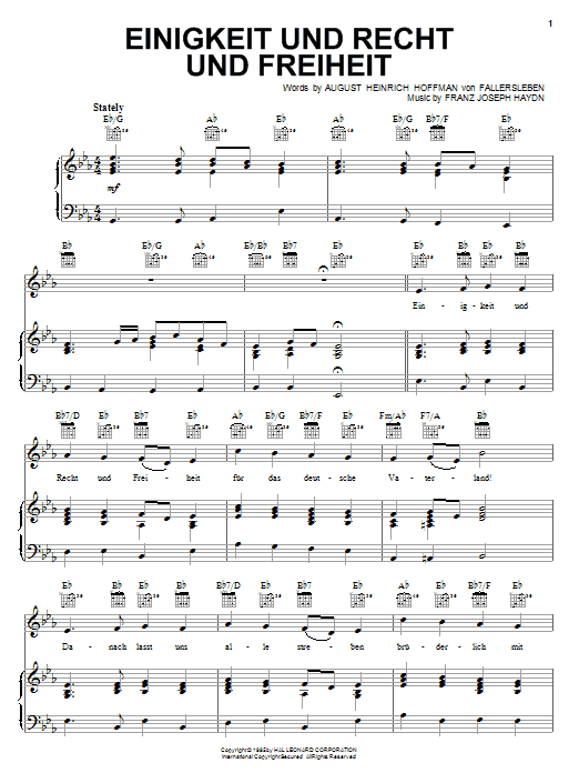 August Heinrich Hoffman von Fallersleben Einigkeit Und Recht Und Freiheit Sheet Music Notes & Chords for Piano, Vocal & Guitar (Right-Hand Melody) - Download or Print PDF
