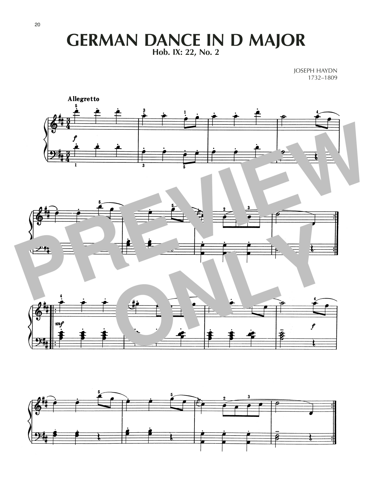 Franz Joseph Haydn German Dance In D Major, Hob. IX: 22, No. 2 Sheet Music Notes & Chords for Piano Solo - Download or Print PDF