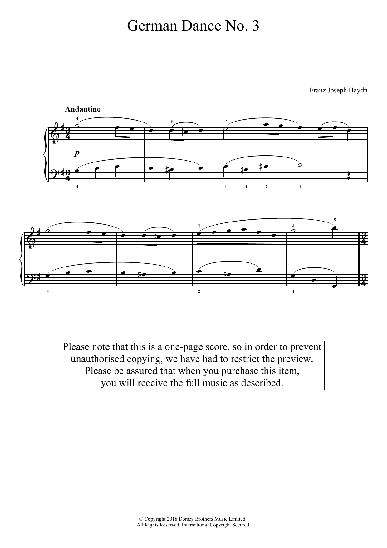Franz Joseph Haydn German Dance No. 3 Sheet Music Notes & Chords for Piano - Download or Print PDF
