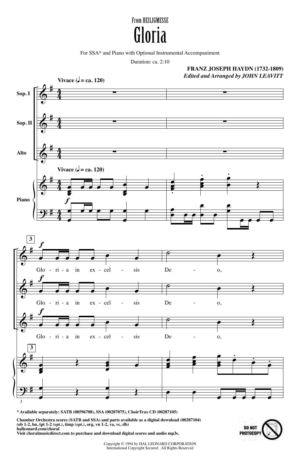 Franz Joseph Haydn Gloria (from Heiligmesse) (arr. John Leavitt) Sheet Music Notes & Chords for SSA Choir - Download or Print PDF