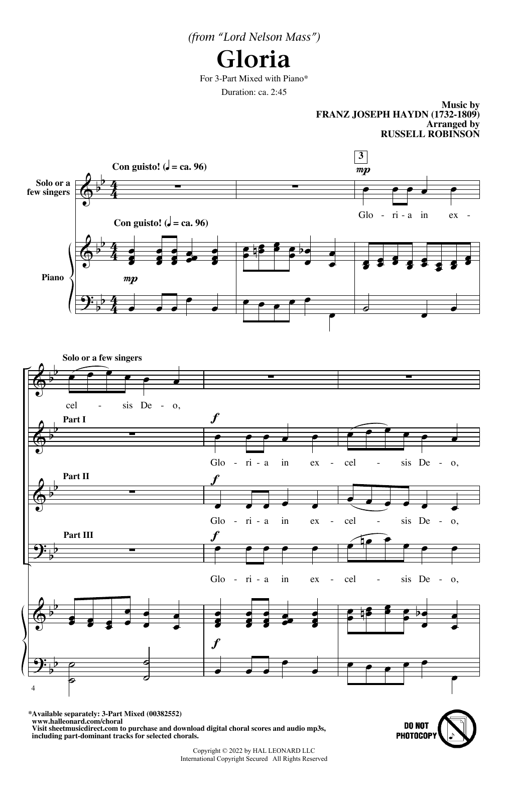 Franz Joseph Haydn Gloria (from Lord Nelson Mass) (arr. Russell Robinson) Sheet Music Notes & Chords for 3-Part Mixed Choir - Download or Print PDF