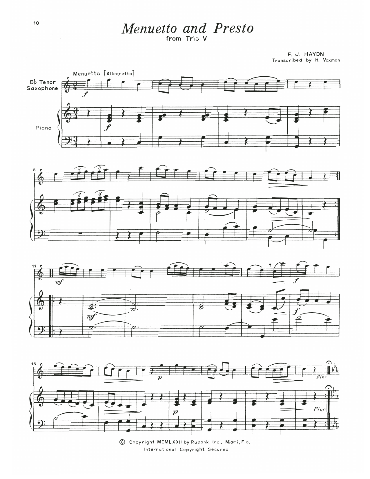 Franz Joseph Haydn Menuetto & Presto (Trio V) Sheet Music Notes & Chords for Tenor Sax and Piano - Download or Print PDF