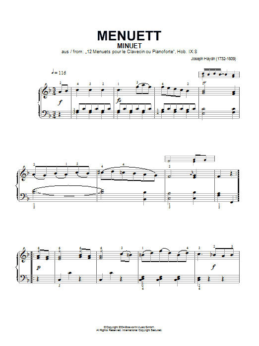 Joseph Haydn Minuet, From 12 Menuets Pour Le Clavecin Ou Pianoforte Sheet Music Notes & Chords for Piano - Download or Print PDF