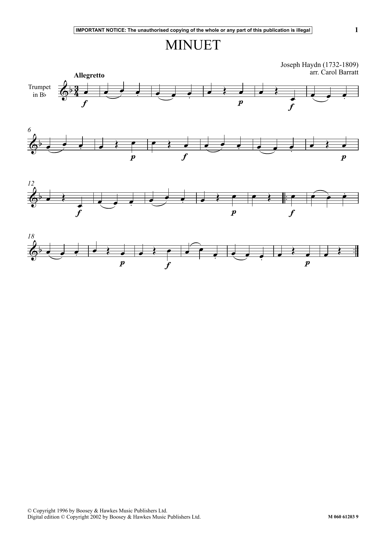 Joseph Haydn Minuet Sheet Music Notes & Chords for Instrumental Solo - Download or Print PDF