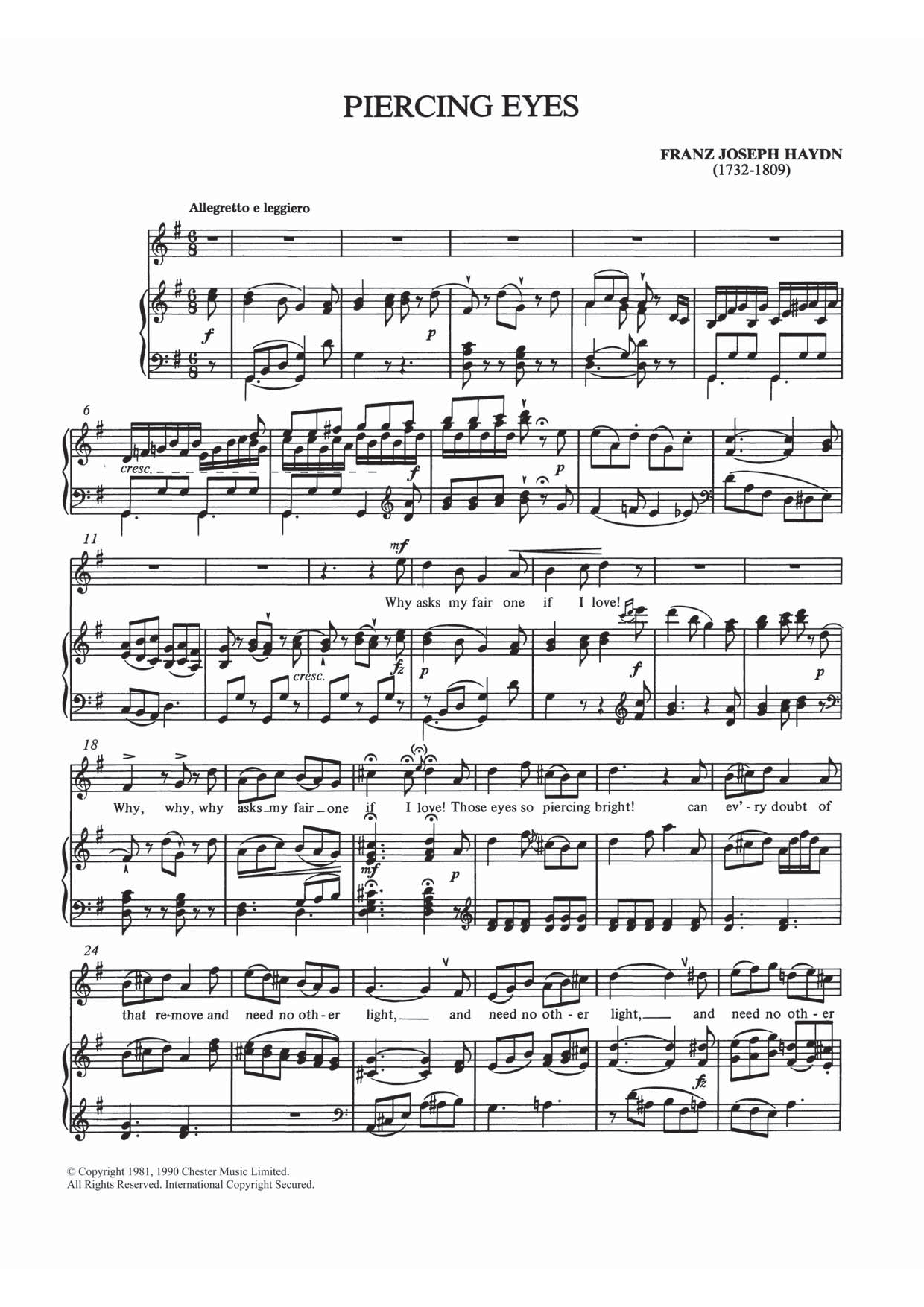 Franz Joseph Haydn Piercing Eyes Sheet Music Notes & Chords for Piano & Vocal - Download or Print PDF