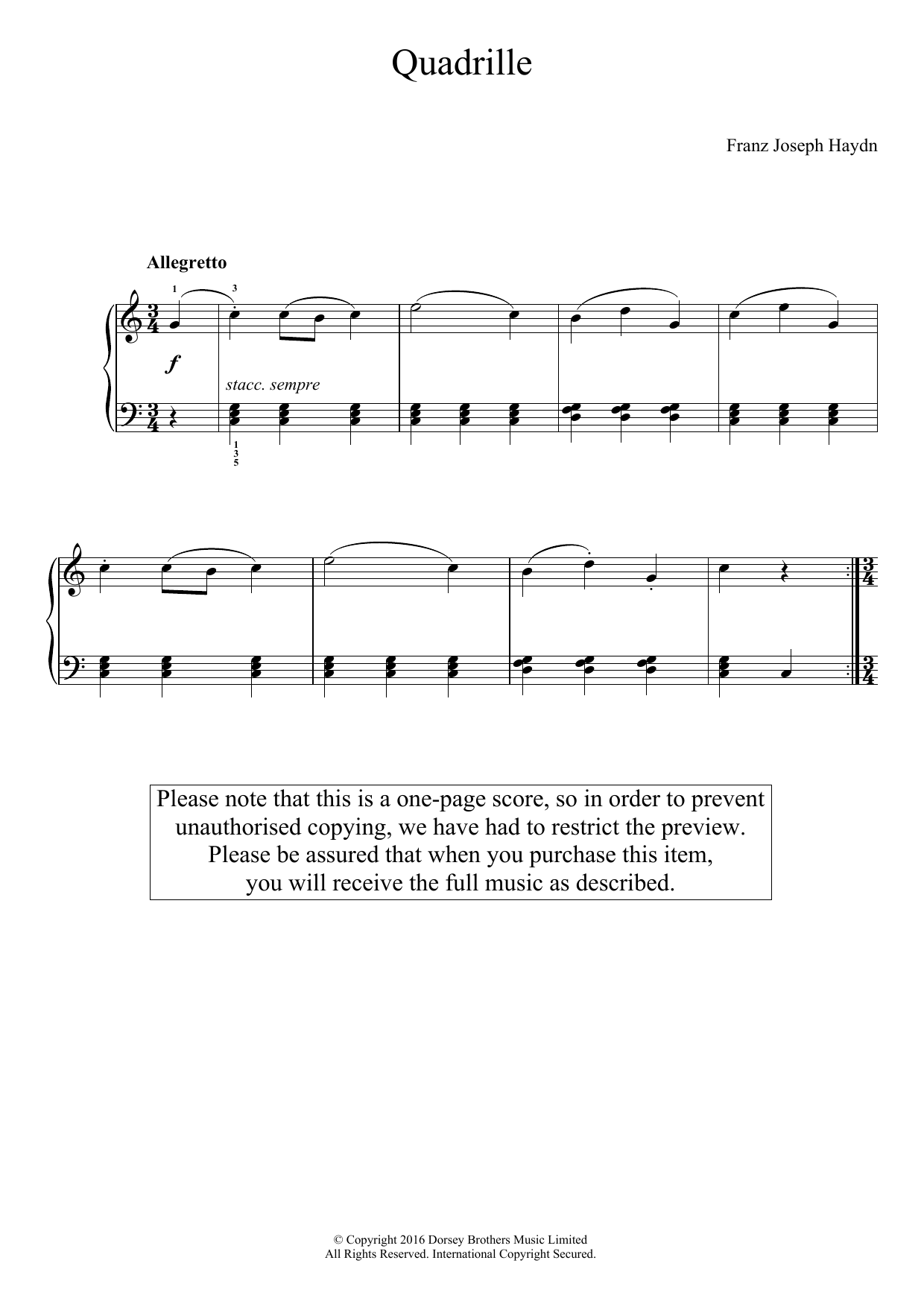 Franz Joseph Haydn Quadrille Sheet Music Notes & Chords for Easy Piano - Download or Print PDF