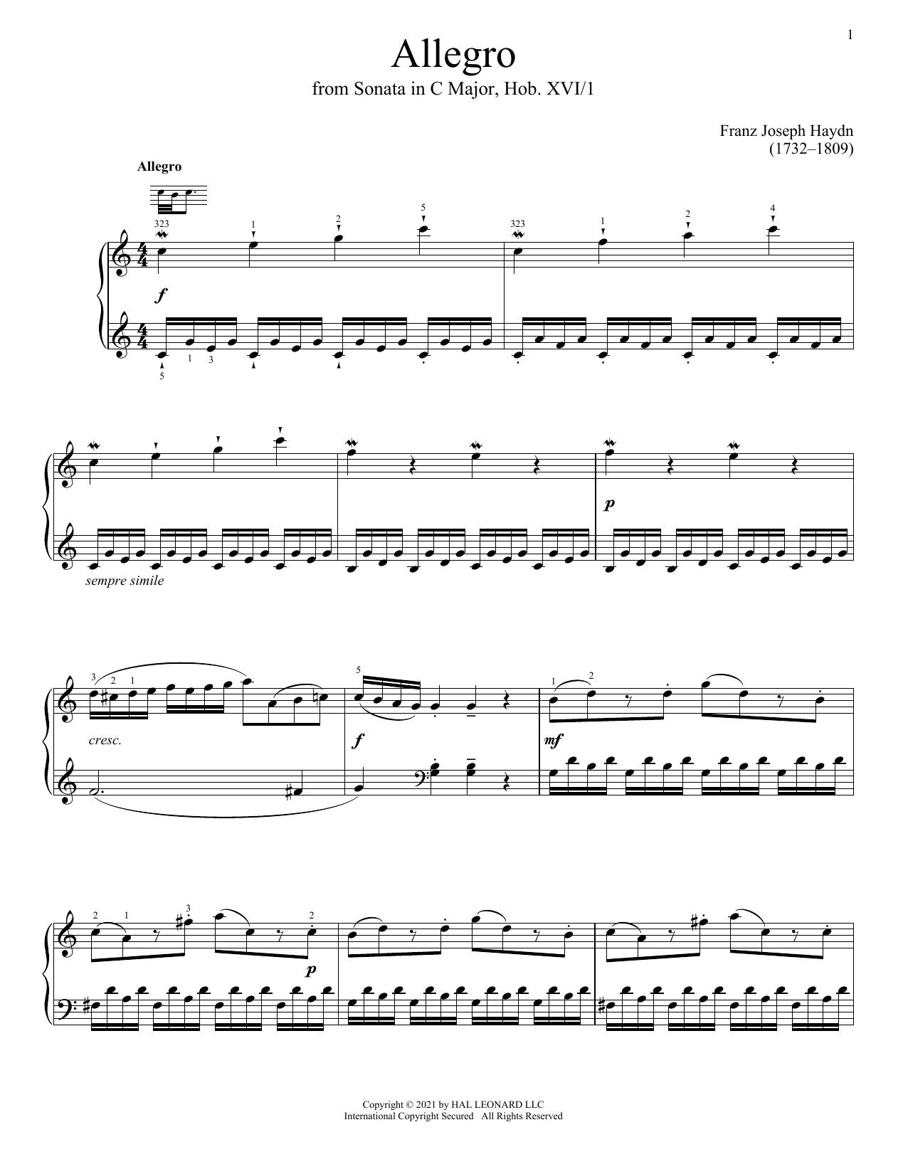 Franz Joseph Haydn Sonata In C Major, Hob. XVI: 1 Sheet Music Notes & Chords for Piano Solo - Download or Print PDF