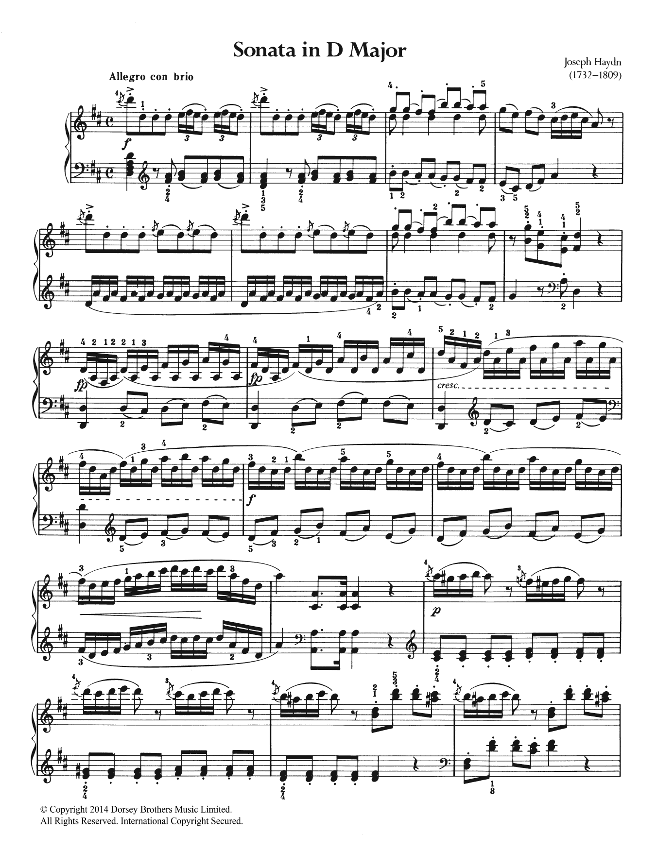 Franz Joseph Haydn Sonata In D Major Sheet Music Notes & Chords for Piano - Download or Print PDF