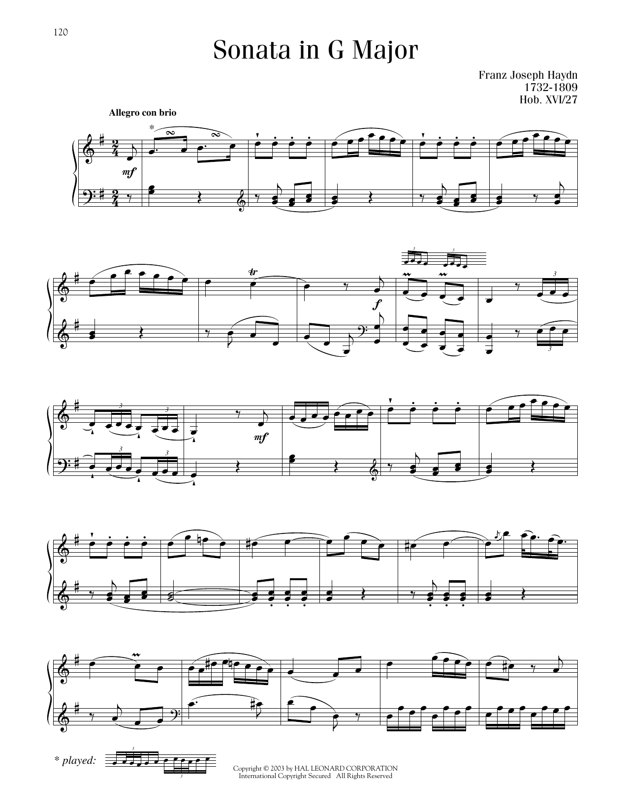Franz Joseph Haydn Sonata In G Major, Hob. XVI: 27 Sheet Music Notes & Chords for Piano Solo - Download or Print PDF