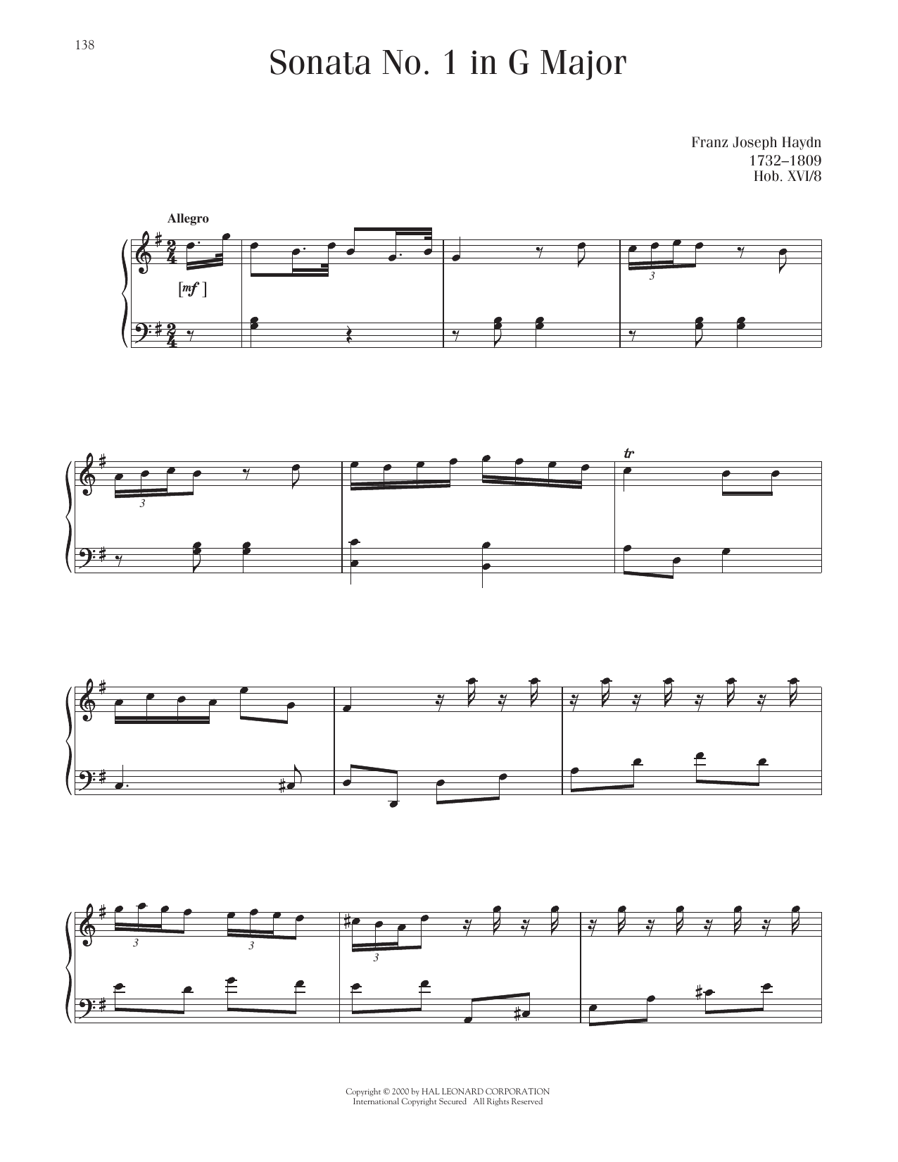 Franz Joseph Haydn Sonata In G Major, Hob. XVI: 8 Sheet Music Notes & Chords for Piano Solo - Download or Print PDF