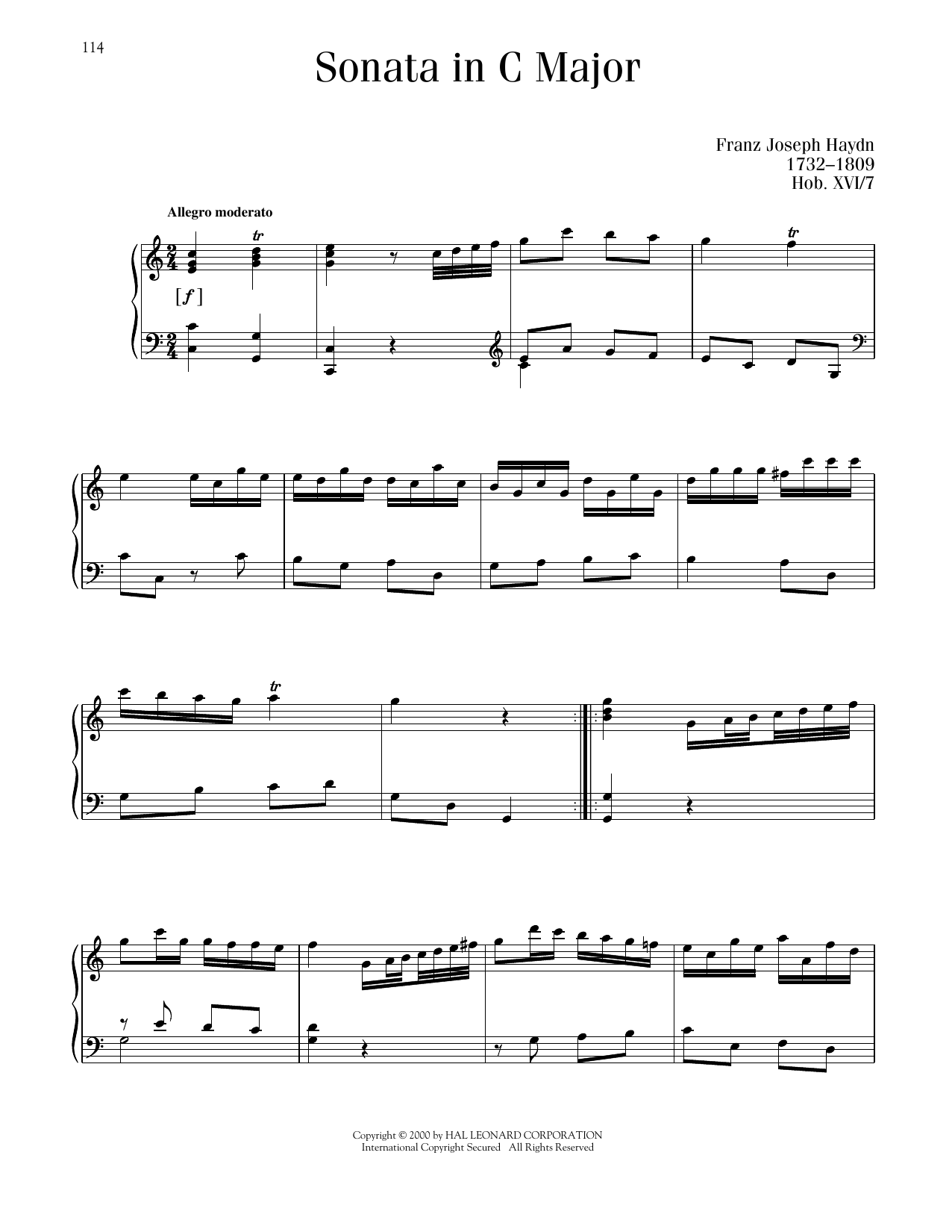 Franz Joseph Haydn Sonata No. 2 In C Major Sheet Music Notes & Chords for Piano Solo - Download or Print PDF