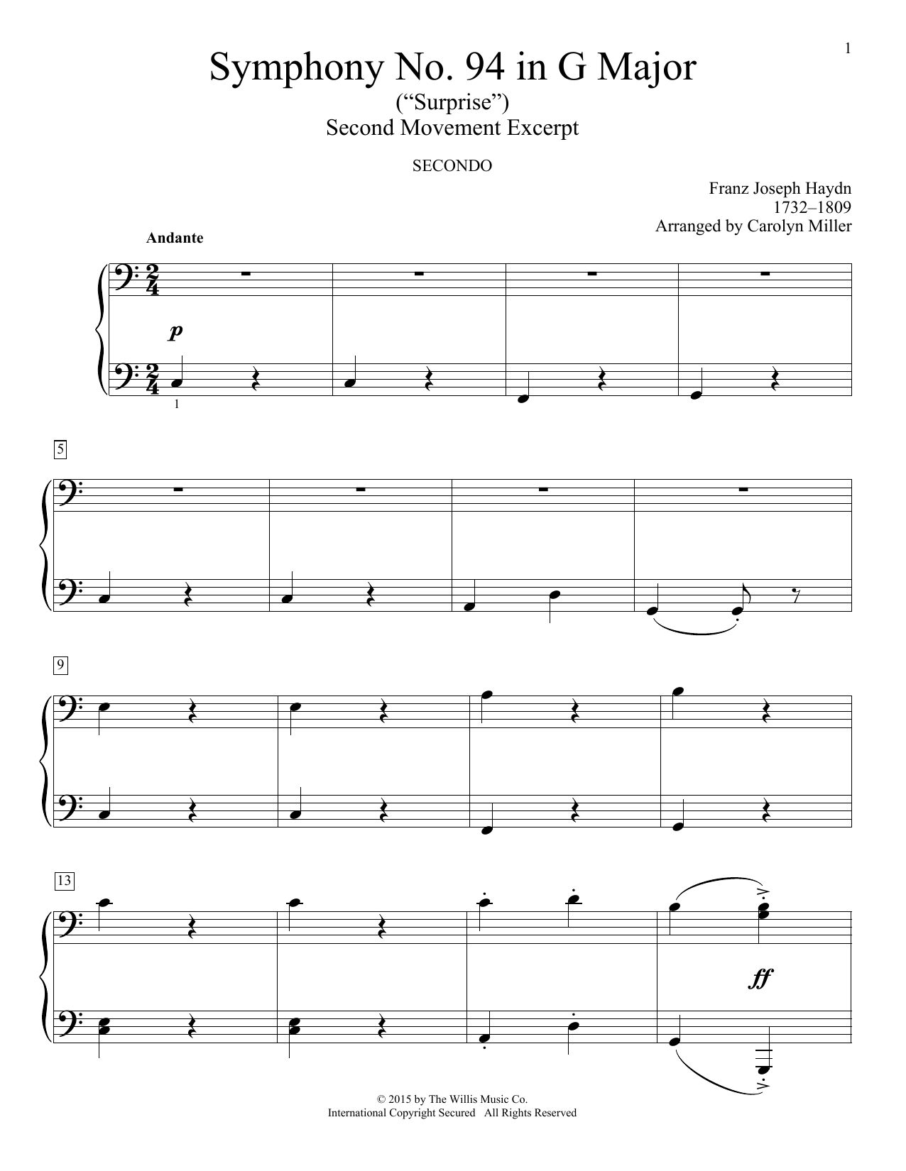 Carolyn Miller Symphony No. 94 In G Major (Surprise), Second Movement Excerpt Sheet Music Notes & Chords for Piano Duet - Download or Print PDF