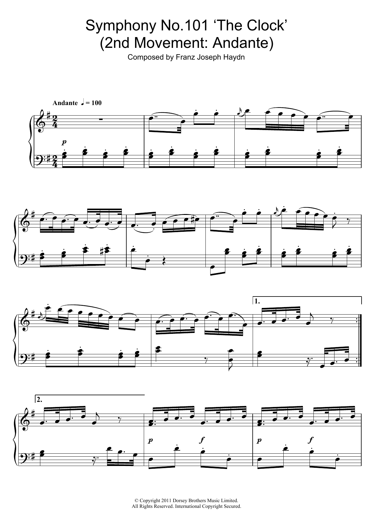 Franz Joseph Haydn Symphony No.101 'The Clock' (2nd Movement: Andante) Sheet Music Notes & Chords for Piano - Download or Print PDF