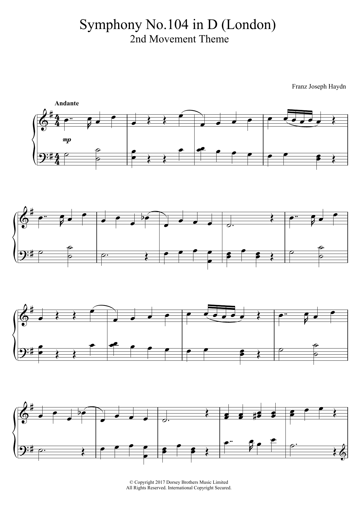 Franz Joseph Haydn Symphony No.104 in D (London) 2nd Movement Theme Sheet Music Notes & Chords for Easy Piano - Download or Print PDF