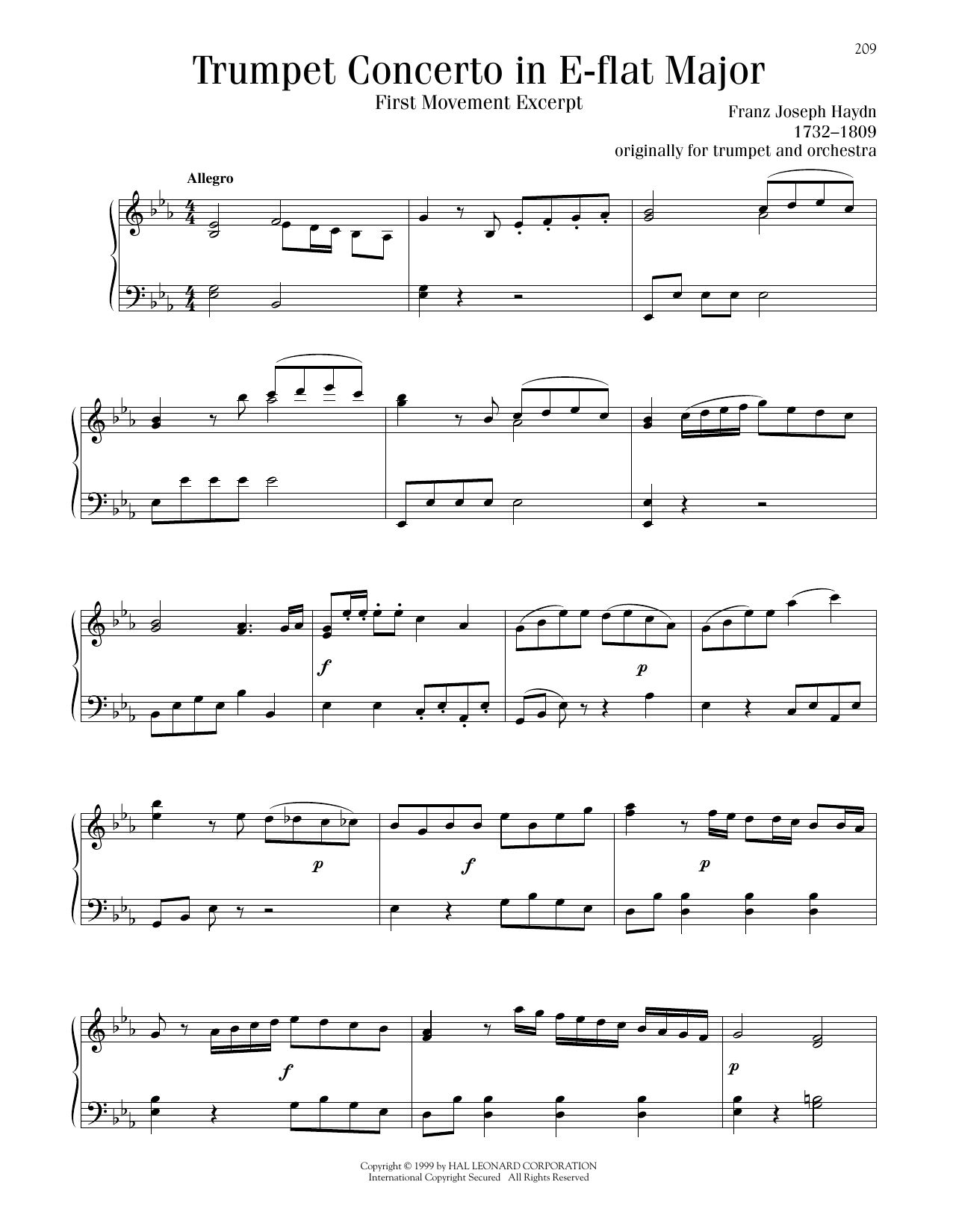 Franz Joseph Haydn Trumpet Concerto in E-flat Major, First Movement Excerpt Sheet Music Notes & Chords for Piano Solo - Download or Print PDF