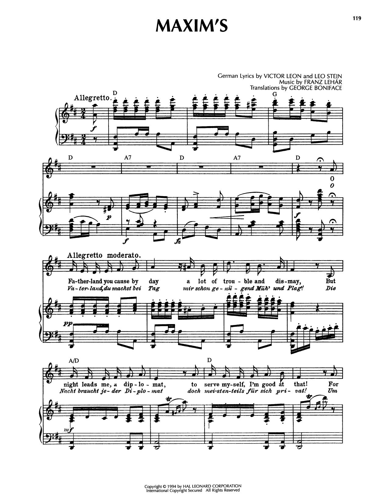 Franz Lehar Maxim's Sheet Music Notes & Chords for Piano, Vocal & Guitar Chords (Right-Hand Melody) - Download or Print PDF