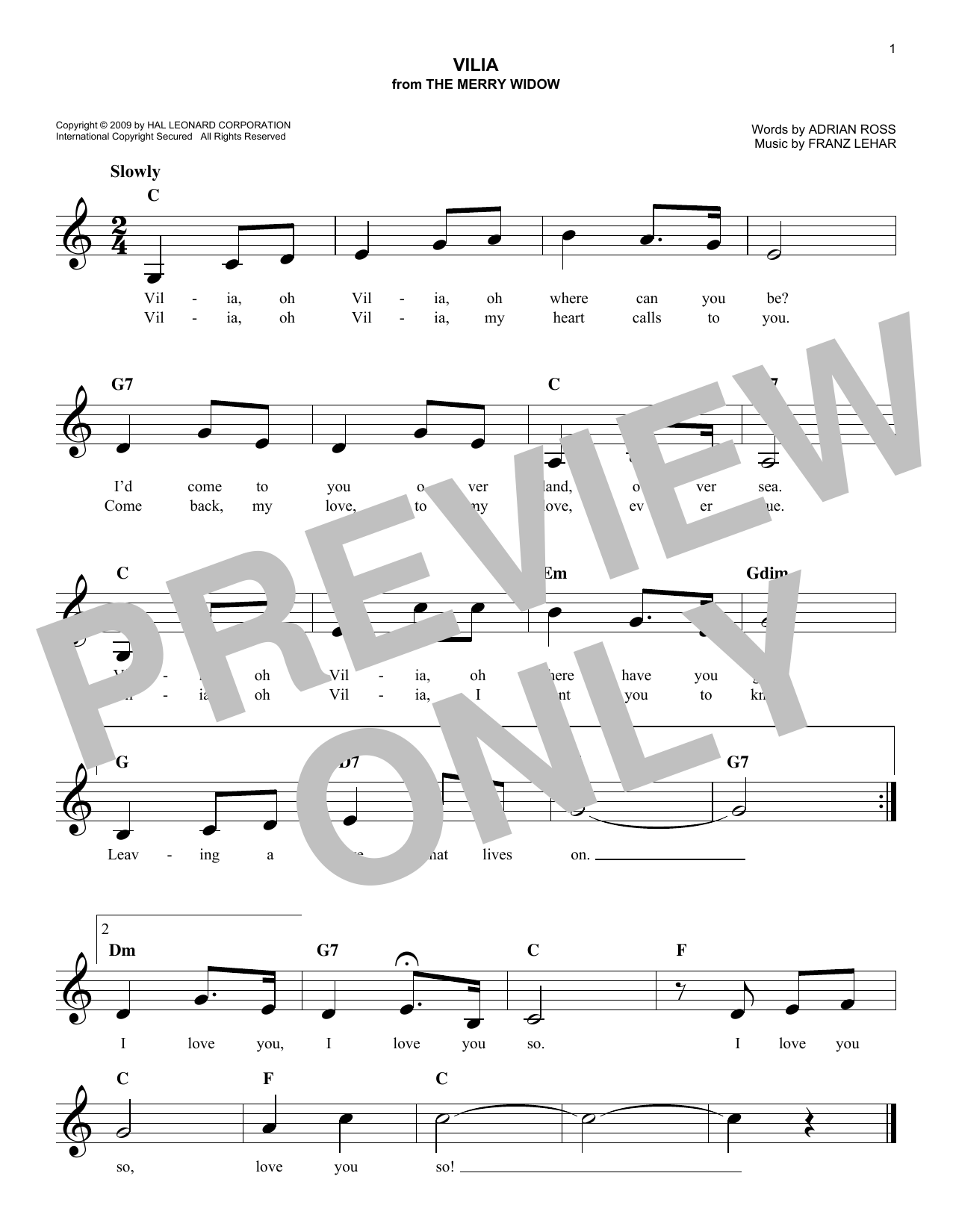 Franz Lehar Vilia Sheet Music Notes & Chords for Melody Line, Lyrics & Chords - Download or Print PDF