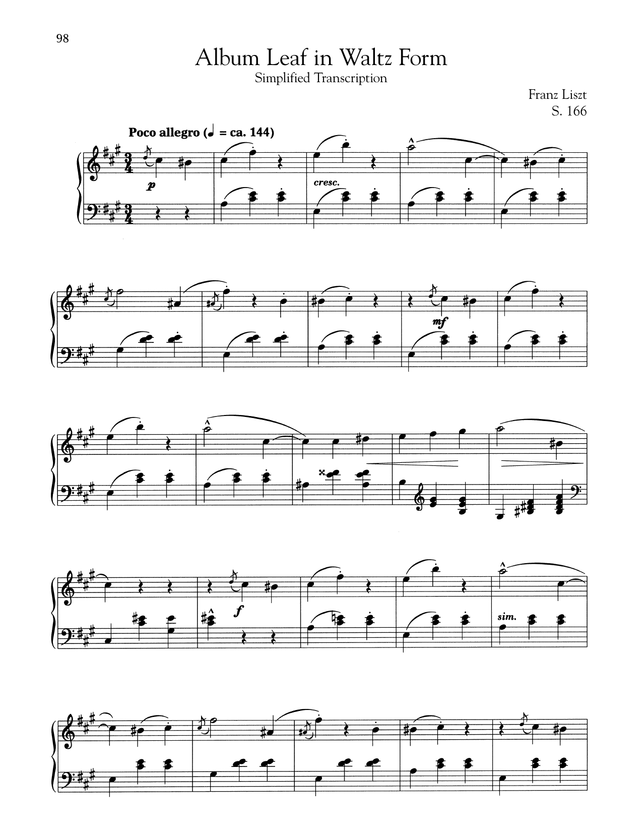 Franz Liszt Album Leaf In Waltz Form (Simplified) Sheet Music Notes & Chords for Piano - Download or Print PDF