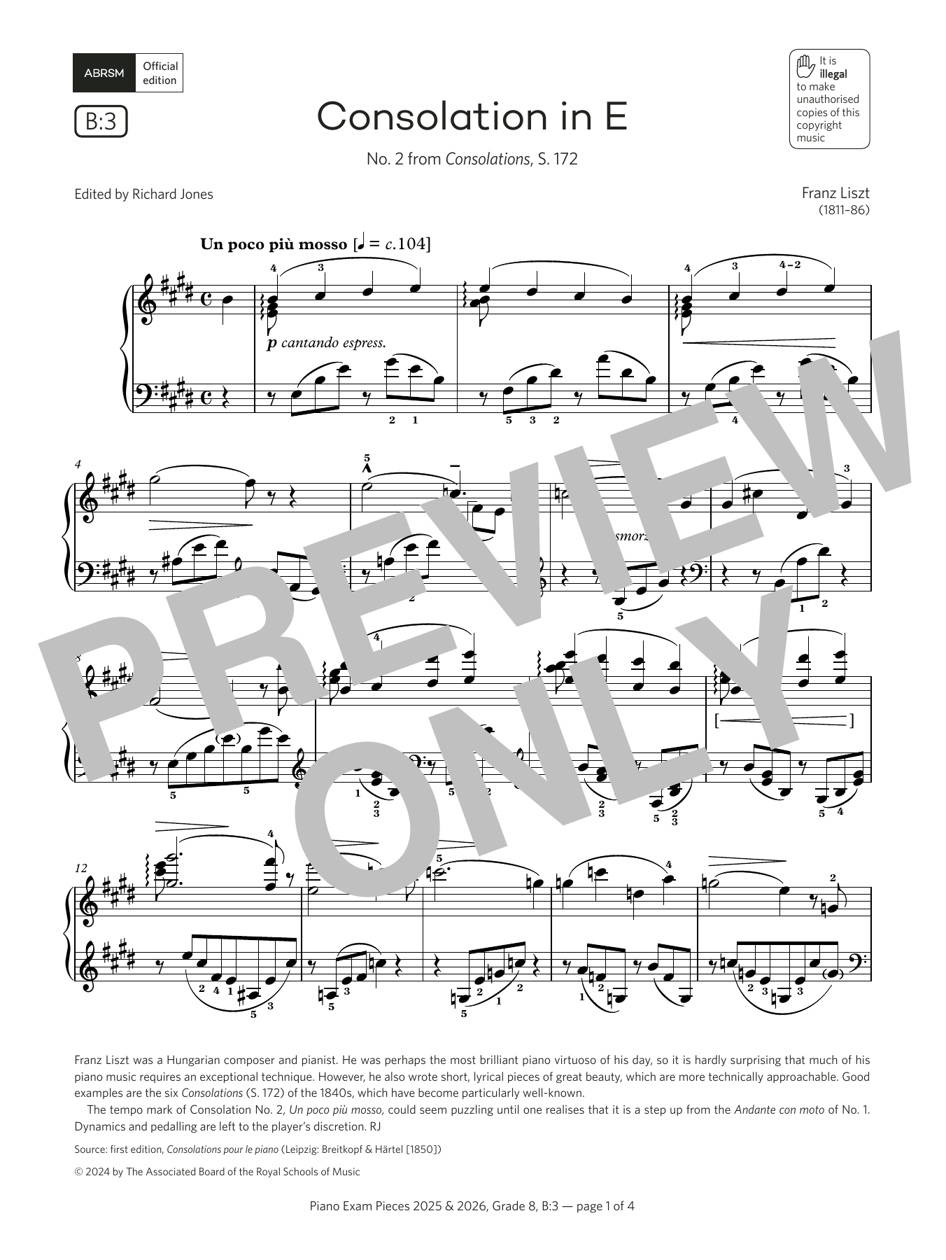 Franz Liszt Consolation in E (Grade 8, list B3, from the ABRSM Piano Syllabus 2025 & 2026) Sheet Music Notes & Chords for Piano Solo - Download or Print PDF