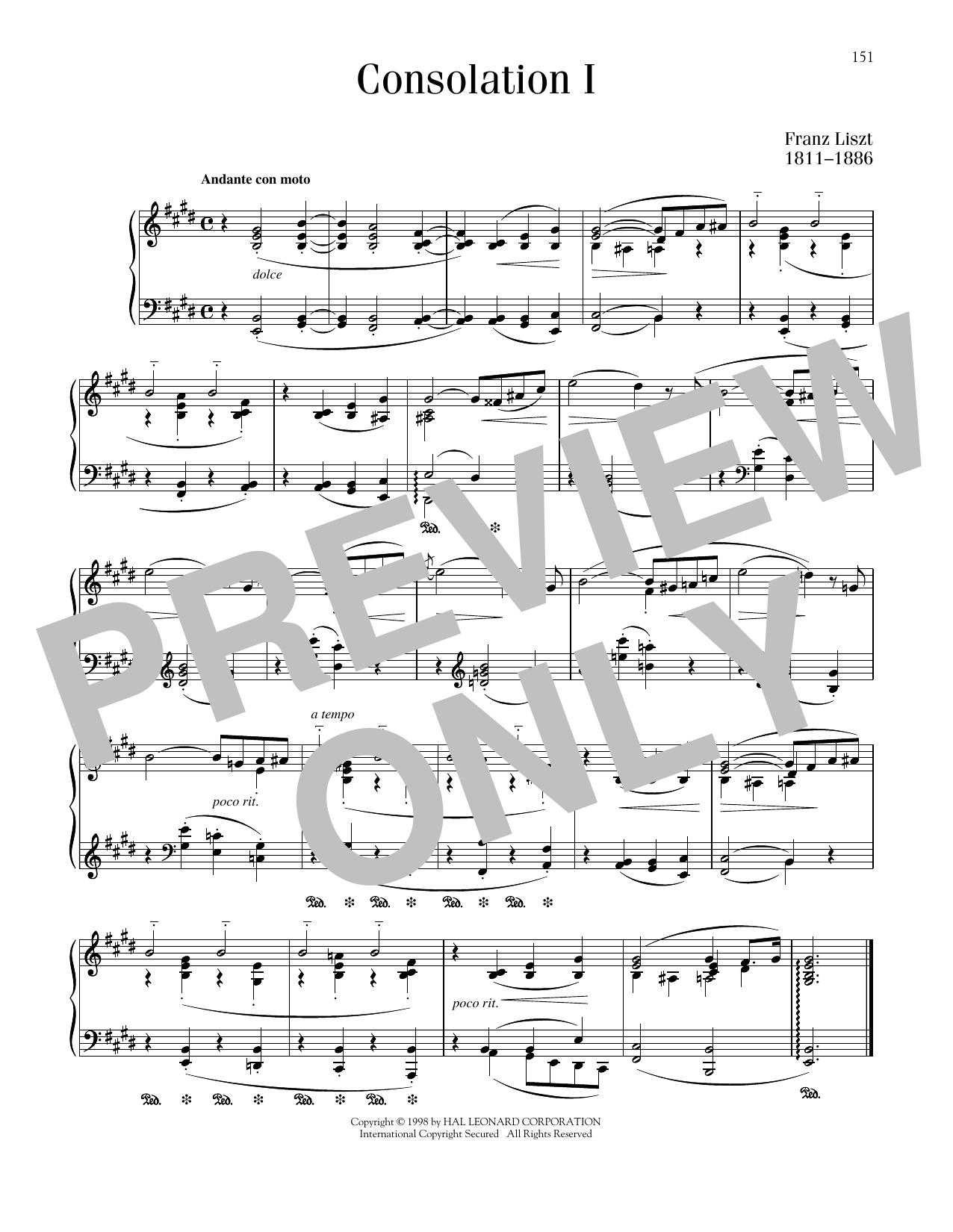 Franz Liszt Consolation No. 1 In E Major Sheet Music Notes & Chords for Piano Solo - Download or Print PDF