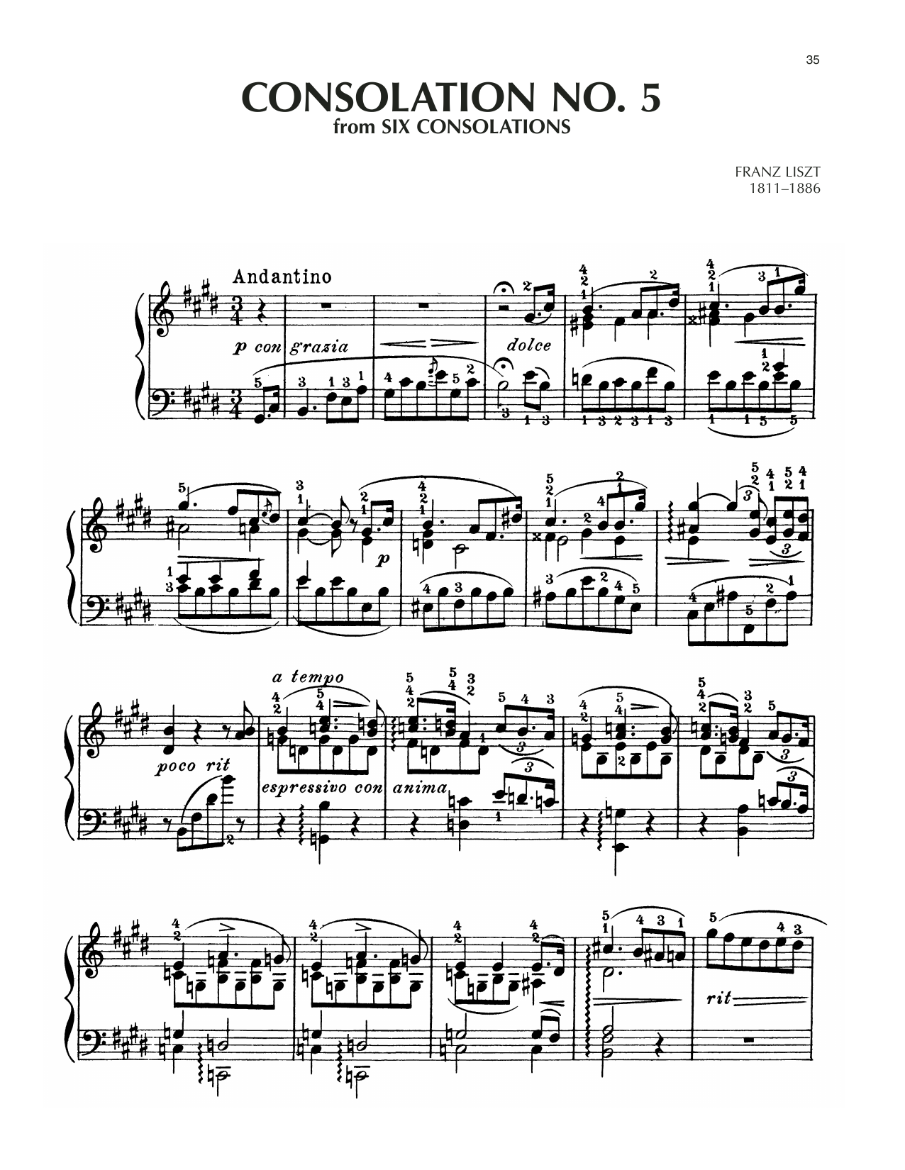 Franz Liszt Consolation No. 5 In E Major Sheet Music Notes & Chords for Piano Solo - Download or Print PDF