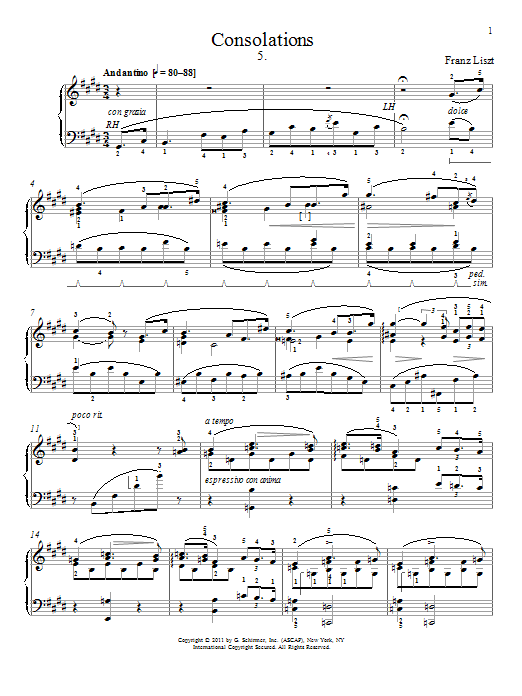 Franz Liszt Consolation No. 5 Sheet Music Notes & Chords for Piano - Download or Print PDF